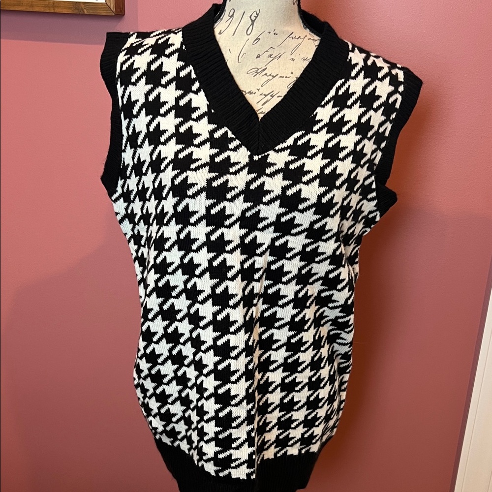 Black and White Houndstooth Sweater Vest